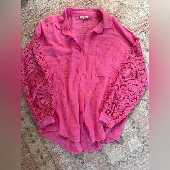 Crochet Sleeve Gauze Button Down Shirts Easter Day oversized smal boho western - Picture 3 of 8